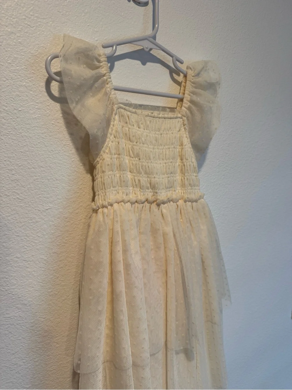 Cream Tiered Tulle Dress with Puff Sleeves for Girls